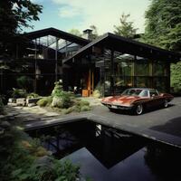 A Bright modern black stone barn house with garage photo