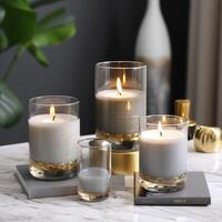 Cylindrical glass candle glowing photo