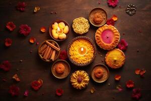 Diwali sweets and candle and flowers background photo