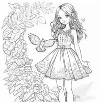 Fashionable Girl with Butterfly Parrot in coloring book photo