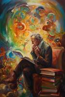 A stunning surrealistic oil painting of a men in library photo