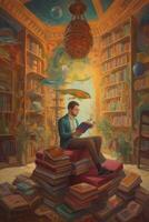 Gorgeous stunning surrealistic oil painting of a men reading book photo