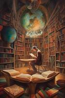 A stunning surrealistic oil painting of a men in library photo