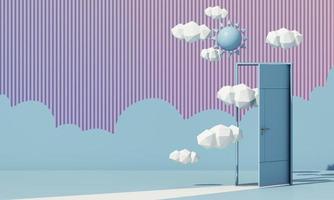 3d render, white clouds going through, flying out the open door, objects isolated on bright rainbow pastel background. Abstract metaphor, modern minimal concept. Surreal dream scene. Summer sales. photo