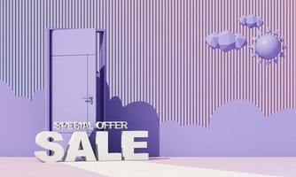 3d render, white clouds going through, flying out the open door, objects isolated on bright rainbow pastel background. Abstract metaphor, modern minimal concept. Surreal dream scene. Summer sales. photo