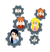 Teamwork. Interaction between people. Gear with the heads of characters. Abstract social concept. Relationship between men and women. Flat cartoon vector