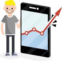 Young man and a huge phone with business growth graph. Blogger and statistics of subscribers and views. Guy and online business. Red arrow breaks the border and frames. Cartoon flat illustration vector