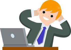 Successful businessman in suit. Gesture with hand behind head. Happy man in tie. Business or pleasure. Cartoon flat illustration. Rest at work with computer on table vector