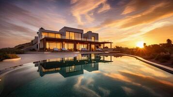 illustration of a luxury villa with a pool at sunset photo