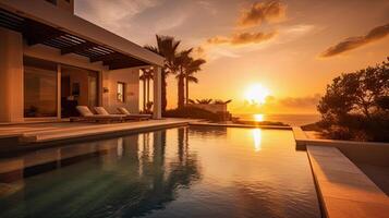 illustration of a luxury villa with a pool at sunset photo