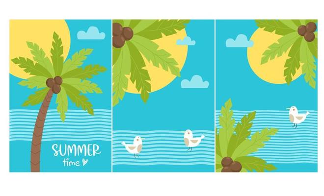 Hello summer. collection posters with sea, palm tree and seagulls on waves. Vector illustration. Summer vertical tropical sea map for flyers, postcards, advertising and travel brochures, sales