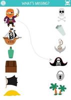 Pirate matching activity with cute marine symbols. Treasure hunt puzzle with ship, chest, flag, island, bottle, anchor. Match the objects game. Sea adventures match up printable page vector