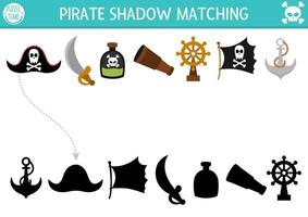 Pirate shadow matching activity. Treasure island hunt puzzle with cute pirate hat, sable, bottle, anchor, flag. Find correct silhouette printable worksheet or game. Sea adventures page for kids vector