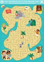 Pirate maze for kids with tropical treasure island and cute kid pirates. Treasure hunt preschool printable activity. Sea adventures labyrinth game or puzzle with chest, map, mermaid vector