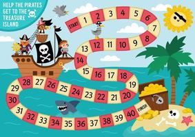 Pirate dice board game for children with cute pirate ship hunting treasure. Treasure island hunt boardgame with pirates, chest.  Sea adventures printable activity or worksheet vector