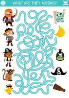 Pirate maze for kids. Treasure hunt preschool printable activity with cute pirates, animals and their things. Sea adventures labyrinth game or puzzle. What is missing worksheet vector