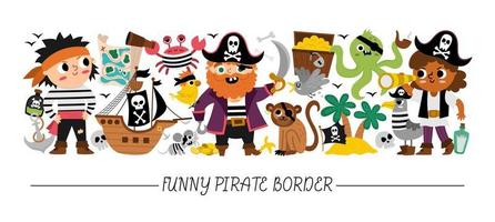 vector horizontal frontera conjunto con linda piratas y animales mar aventuras tarjeta modelo diseño con linda caracteres. linda tesoro isla frontera con cangrejo, capitán, marineros, pulpo, pecho, mapa