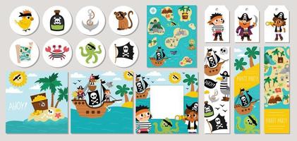 Cute pirate cards set with ship, captain, sailors, chest, map, parrot, map. Vector treasure island square, round, vertical print templates. Pirate party design for tags, postcards