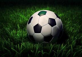 Classic soccer ball in a football stadium on a green lawn - image photo