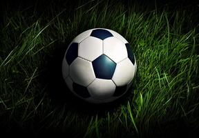 Classic soccer ball in a football stadium on a green lawn - image photo