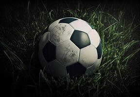 Classic soccer ball in a football stadium on a green lawn - image photo