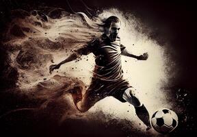Abstract sports poster soccer player hitting the ball - AI generated image photo