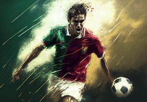 Abstract sports poster soccer player hitting the ball - image photo