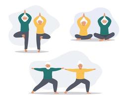 An elderly couple does yoga, exercises, leads an active healthy life. Old people do gymnastics. Vector graphics.