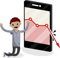 Large mobile phone with falling red business graph. Sad young blogger guy on knees. decrease in views and subscribers. Internet statistics. Business problem. man and a smartphone. Flat illustration vector