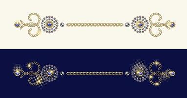 Vintage jewelry border, divider made of gold, silver ball beads, blue rhinestones, gems, gold chains on white and dark blue background. Vector design element