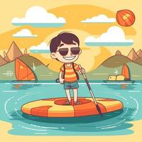 Boy enjoying summer holiday, cartoon illustration with photo