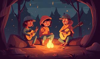 niños jugando guitarra en un acampar fuego, ilustración diseño con generativo ai foto