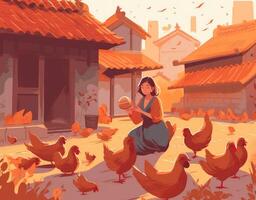 young girl feeding chickens cartoon flat illustration, photo