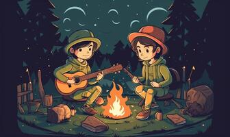niños jugando guitarra en un acampar fuego, ilustración diseño con generativo ai foto