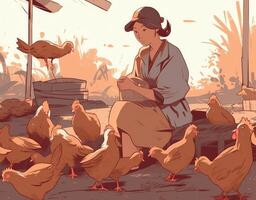 young girl feeding chickens cartoon flat illustration, photo