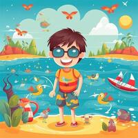 Boy enjoying summer holiday, cartoon illustration with photo