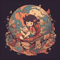 A child sits on earth reading a book among many different items, cartoon with photo