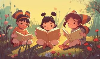 preescolar niños leyendo libros. plano ilustración en el Hora de verano con abejas. generativo ai foto