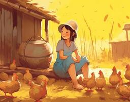 young girl feeding chickens cartoon flat illustration, photo