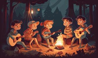 niños jugando guitarra en un acampar fuego, ilustración diseño con generativo ai foto