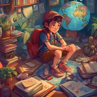 un niño se sienta en tierra leyendo un libro entre muchos diferente elementos, dibujos animados con generativo ai foto