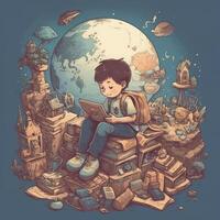 un niño se sienta en tierra leyendo un libro entre muchos diferente elementos, dibujos animados con generativo ai foto