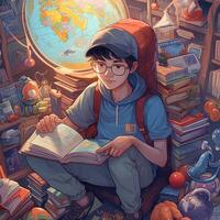 A child sits on earth reading a book among many different items, cartoon with photo