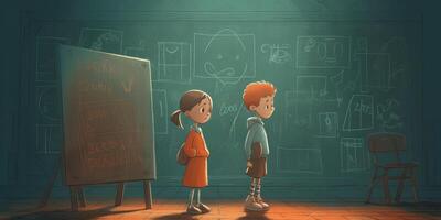 Two children standing with blackboard next to each other, cartoon illustration with photo