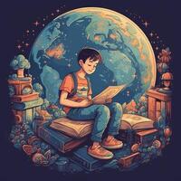 un niño se sienta en tierra leyendo un libro entre muchos diferente elementos, dibujos animados con generativo ai foto