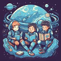 un niño se sienta en tierra leyendo un libro entre muchos diferente elementos, dibujos animados con generativo ai foto