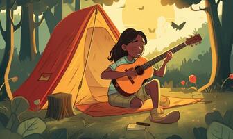 Kids playing guitar on a camp fire, illustration design with photo