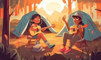 Kids playing guitar on a camp fire, illustration design with photo