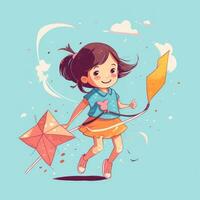 Little girl running flying kite, cartoon illustration with photo