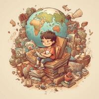 un niño se sienta en tierra leyendo un libro entre muchos diferente elementos, dibujos animados con generativo ai foto